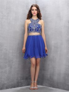 Scoop Royal Blue Sleeveless Knee Length Beading Criss Cross Prom Party Dress