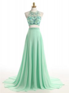 Spectacular Halter Top Apple Green Sleeveless Chiffon Brush Train Zipper Dress for Prom for Prom