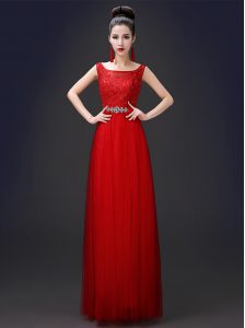 Hot Selling Red A-line Tulle Scoop Sleeveless Appliques Floor Length Zipper Prom Evening Gown