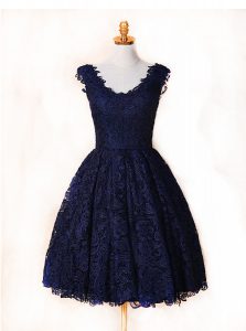 A-line Prom Dress Blue and Navy Blue V-neck Lace Sleeveless Knee Length Zipper