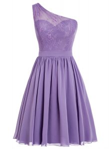 Decent One Shoulder Lavender Sleeveless Appliques Ankle Length Evening Dress