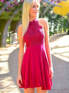 Mini Length Hot Pink Homecoming Dress Halter Top Sleeveless Zipper
