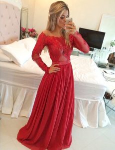 Red A-line Chiffon Off The Shoulder Long Sleeves Appliques Floor Length Zipper Prom Dress