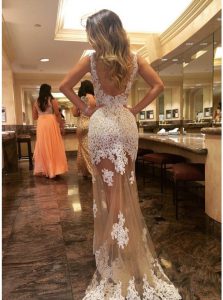 Fine Mermaid Scoop Backless Prom Party Dress Champagne for Prom and Party with Appliques Court Train