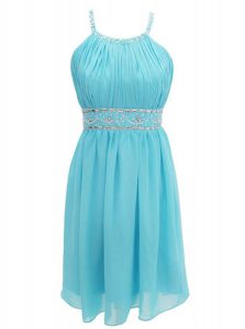 Edgy Halter Top Aqua Blue Sleeveless Chiffon Criss Cross Prom Dress for Prom and Party