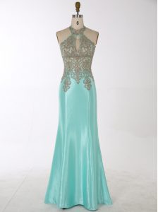 Extravagant Mermaid Aqua Blue Prom Dresses Prom and Party and For with Beading High-neck Sleeveless Zipper