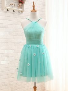 Superior Straps Hand Made Flower Prom Evening Gown Aqua Blue Lace Up Sleeveless Mini Length