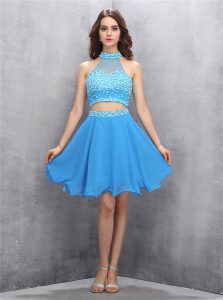 Best Selling Baby Blue A-line Chiffon High-neck Sleeveless Beading Knee Length Zipper Evening Dress