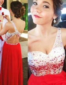 Suitable One Shoulder Sleeveless Chiffon Floor Length Backless Prom Evening Gown in Red with Beading