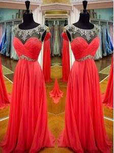 Clearance Coral Red Backless Scoop Sashes ribbons Evening Dress Chiffon Sleeveless