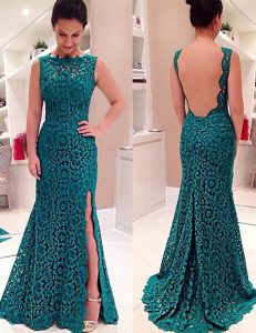Beautiful Mermaid Teal Dress for Prom Prom and Party and For with Lace Scalloped Sleeveless Backless