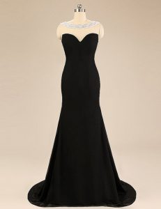 Black Sleeveless Chiffon Brush Train Backless Prom Party Dress for Prom