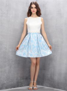 Exceptional Scoop Blue And White A-line Beading Dress for Prom Zipper Satin Sleeveless Mini Length