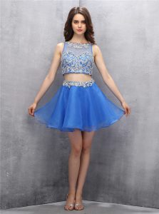 Blue Zipper Scoop Beading Prom Dresses Organza Sleeveless
