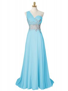 Beauteous One Shoulder Sleeveless Brush Train Side Zipper With Train Beading Prom Party Dress