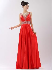 High Class Coral Red Sleeveless Satin Zipper Prom Evening Gown for Prom and Party