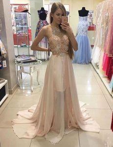 Champagne Prom Dresses Prom and For with Beading Scoop Sleeveless Brush Train Zipper