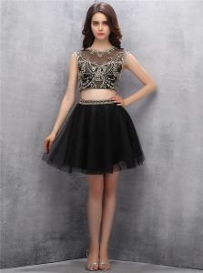 Sumptuous Scoop Sleeveless Prom Gown Mini Length Beading Black Tulle