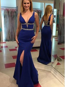Enchanting Mermaid Royal Blue Prom Party Dress Prom and Party and For with Beading V-neck Sleeveless Backless