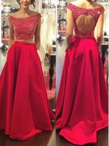 Off the Shoulder With Train A-line Sleeveless Red Prom Dresses Sweep Train Backless