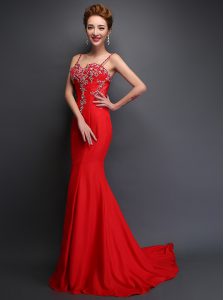 Red Mermaid Spaghetti Straps Sleeveless Satin With Brush Train Zipper Beading Prom Party Dress