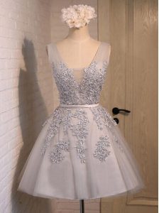 Wonderful Grey A-line Organza V-neck Sleeveless Beading and Appliques Mini Length Lace Up Prom Dress