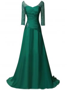 With Train Green Prom Dresses Chiffon Sweep Train Long Sleeves Beading and Ruching