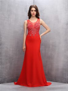 Cheap Scoop Red Mermaid Beading and Sequins Prom Party Dress Zipper Chiffon Sleeveless With Train