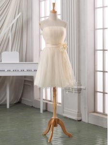 Pretty White and Champagne Sleeveless Knee Length Belt and Hand Made Flower Zipper Prom Dress