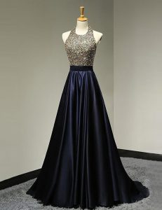 Scoop Sleeveless Brush Train Backless Prom Evening Gown Black Satin