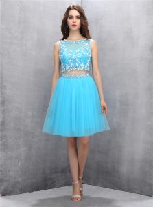 Noble Blue A-line Scoop Sleeveless Organza Knee Length Backless Beading Prom Dresses