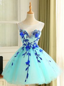 Shining Scoop Mini Length Ball Gowns Sleeveless Blue Prom Gown Zipper