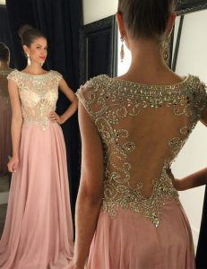 Pink Bateau Side Zipper Beading Dress for Prom Brush Train Cap Sleeves