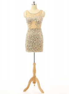 Scoop Sleeveless Elastic Woven Satin Mini Length Backless Evening Dress in Champagne with Beading