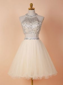 Champagne Prom Evening Gown Prom and For with Beading Scoop Sleeveless Backless