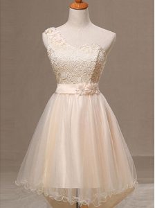 Most Popular Champagne One Shoulder Neckline Lace and Pleated and Hand Made Flower Prom Gown Sleeveless Lace Up