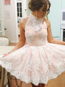 Romantic Champagne High-neck Neckline Lace Dress for Prom Sleeveless Zipper