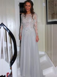 Sweet Grey Bateau Neckline Appliques Prom Evening Gown Long Sleeves Backless