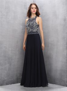 Glittering Halter Top Black Sleeveless Floor Length Beading Backless Homecoming Dress