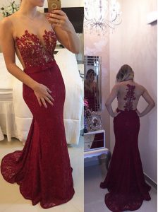 Cute Mermaid Scoop Burgundy Zipper Homecoming Dress Beading and Appliques and Bowknot Sleeveless With Train Court Train