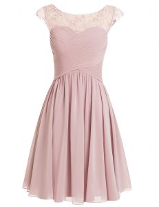 Clearance Scoop Cap Sleeves Zipper Prom Evening Gown Pink Chiffon