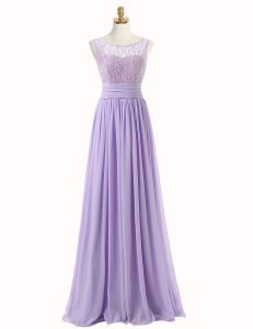 Scoop Sleeveless Prom Dresses With Train Sweep Train Lace Lavender Chiffon
