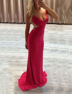 Popular Hot Pink Elastic Woven Satin Zipper Prom Party Dress Sleeveless Brush Train Beading