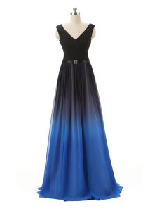Fantastic Blue And Black V-neck Zipper Belt Dress for Prom Sleeveless