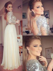 Fantastic Backless Floor Length Champagne Prom Dresses Chiffon Long Sleeves Sequins