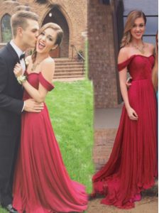 Off the Shoulder Burgundy Sleeveless Ruching Floor Length Prom Party Dress