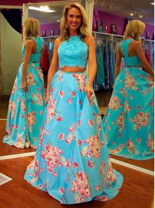 Blue Halter Top Zipper Beading and Appliques and Pattern Prom Dress Sleeveless