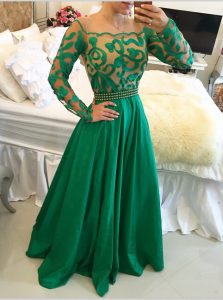 Green Taffeta Side Zipper Scoop Long Sleeves Floor Length Prom Gown Beading and Appliques