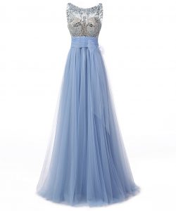 Blue Scoop Backless Beading and Bowknot Prom Dress Sleeveless