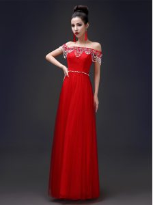 Red Off The Shoulder Neckline Beading Dress for Prom Sleeveless Lace Up